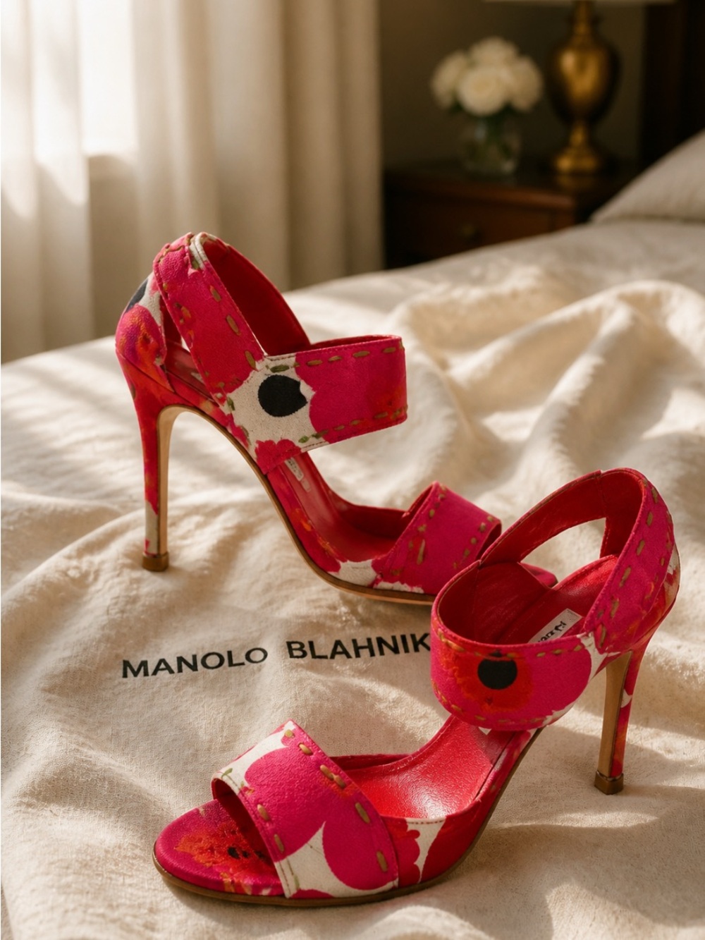 Manolo Blahnik Pink Floral Open-Toe Ankle-Strap Heels